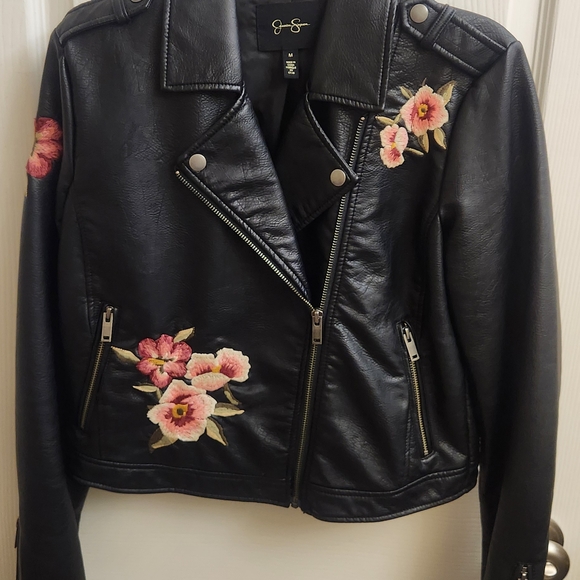 Jessica Simpson Jackets & Blazers - Jessica Simpson Black Leather Jacket with Pink Floral Embroidery